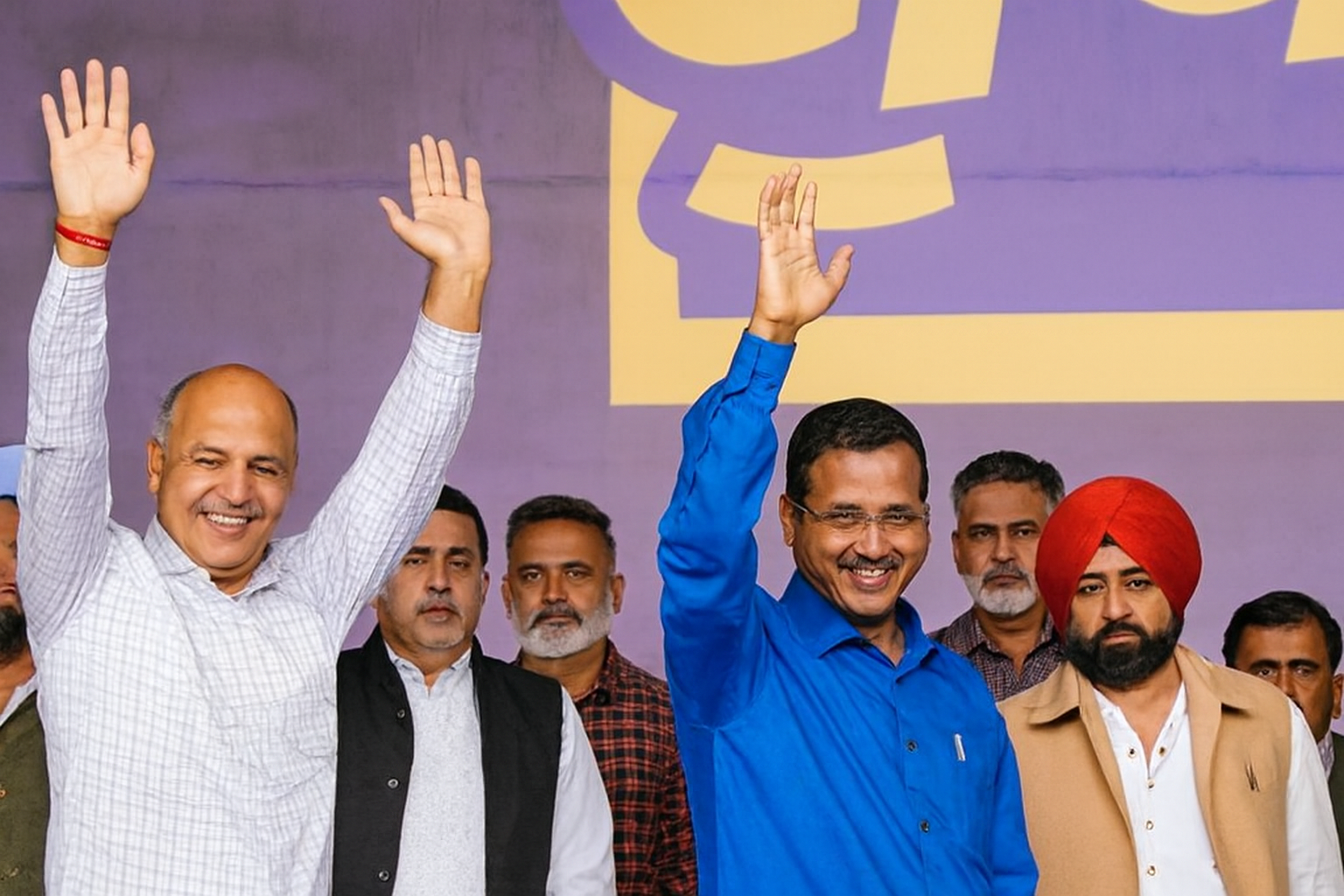 Leaders raising hands with supporters on stage, purple backdrop with Hindi lettering.