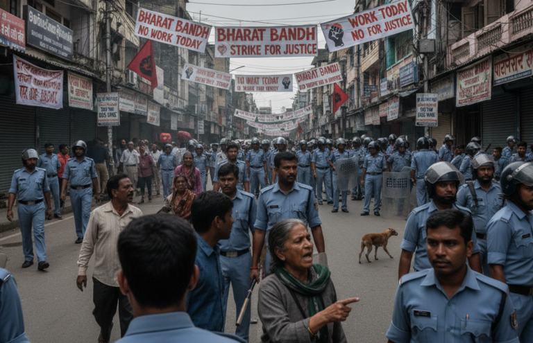 Bharat Bandh brings streets across India to a standstill. Protesters rally as trade unions demand policy changes. See photos and latest updates here.